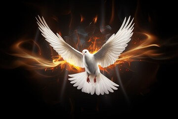Wall Mural - Pentecost background with flying dove and fire.