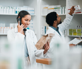 Wall Mural - Pharmacist, phone call and medicine package for customer service, healthcare communication or inventory support. Medical worker, people or doctor on telephone with pharmacy product or paper bag check