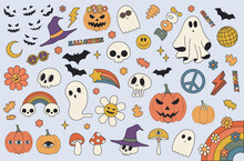 Collection Of Vintage Groovy Halloween Colorful Elements And Characters. Vector Set Of Psychedelic Hippie 70s Style Mushrooms, Pumpkins, Rainbow, Ghost, Skeleton And Bat