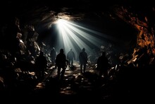Silhouette Of Miners With Headlamps Entering Underground Coal Mine.