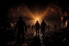 Silhouette Of Miners With Headlamps Entering Underground Coal Mine.