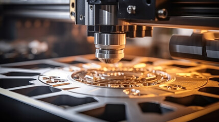 Fototapete - Laser cutting head, Close up of a CNC machine carving metal.