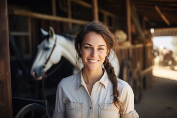 Smiling farmer female dressed in work clothes takes care of horses.