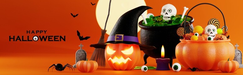 3d rendering illustration design for halloween banner with pumpkin,crucifix, skull, candle, candy, givebox ,grave on background.