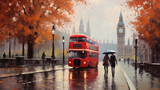 Fototapeta Big Ben - oil painting on canvas, street view of london. Artwork. Big ben. man and woman under a red umbrella, bus. Tree. England (ai generated)