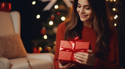 Poster - Closeup shot of a woman holds a Christmas gift box with a red ribbon in her hands. Holidays concept. created with Generative AI technology