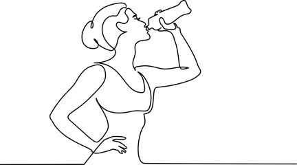 Wall Mural - sport girl athlete drinks water. continuous single drawn one line
