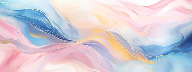 Aufkleber - Abstract watercolor paint background illustration - Soft pastel pink blue color and golden lines, with liquid fluid marbled paper texture banner texture, Generative Ai