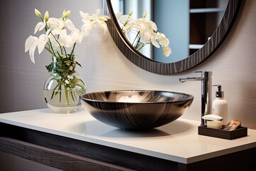 Sticker - Interior element of bathroom with a fashionable vessel sink below a mirror.