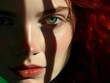A fiery redhead stares boldly from the frame, her full lips painted with lipstick, eyelashes dark with mascara, and eyebrows sharply arched in defiance