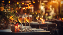 Elegant And Select Restaurant Table Wine Glass And Appetizers, On The Bar Table Soft Light And Romantic Atmosphere Dinner Wedding Service Menue	