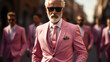 Man with white hair dressed in a stylish pink suit. Generative AI