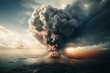 An aerial view of a looming, ominous cloud formed by an explosion, suggesting a crisis of technology, atomic bomb test, or war. Generative AI