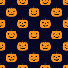 Wall Mural - Small cute orange halloween pumpkins isolated on dark blue background. Festive seamless pattern. Vector simple flat graphic illustration. Texture.