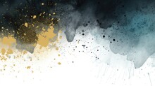 Abstract Watercolor Style Layout. Black, Dark And Light Blue Paint Stains And Gold Splatter On A White Background. Irregular Stains And Splash Print. Artistic Dotted Layout.