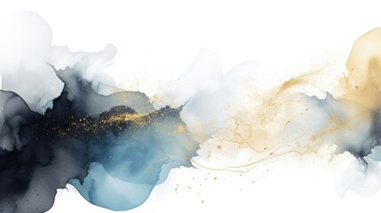 Wall Mural - Abstract watercolor style layout. Black, dark and light blue paint stains and gold splatter on a white background. Irregular stains and splash print. Artistic dotted layout.