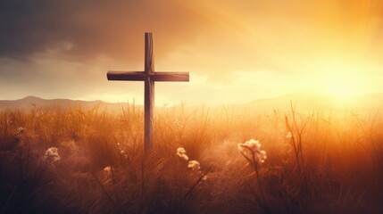 Ascension day concept. The cross on meadow autumn sunrise background.