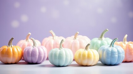 Wall Mural - Minimal pastel pumpkins Thanksgiving Halloween decoration at home. Trendy modern pastel pumpkins on table. Autumn holidays decoration arrangement ideas with pastel pumpkins and flowers