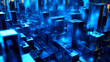 Bright blue city background with cubes forming the wall, bluish cityscape , glass as material