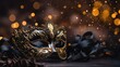 Luxurious venetian mask over a bokeh background of black golden. Design for a Christmas and New Year's celebration banner. Fantasy masquerade ball for carnival.