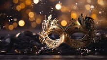 Luxurious Venetian Mask Over A Bokeh Background Of Black Golden. Design For A Christmas And New Year's Celebration Banner. Fantasy Masquerade Ball For Carnival.