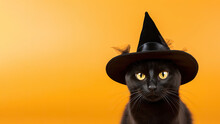 Black Cat Wearing Halloween Witch Hat Isolated On Yellow Background. AI Generated.