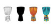 Set of African djembe drums. In color, contour, silhouette. Traditional ethnic percussion musical instrument. Isolated vector. For logo, web design, music store, clothing print, cases, stickers, tags.