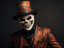 Man In A Halloween Skeleton Mask With Orange Hat And Costume. Halloween And Horror Concept. Design For Dark Fantasy Themes And Posters
