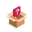 isometric open box with text bubble and question mark in color on white background, mystery box