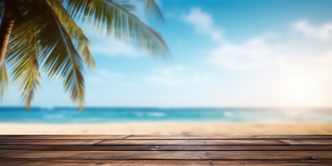 Poster - Empty wood table with tropical sea with palm leaves, Background with copy space for product display, Summer vacation, generative ai