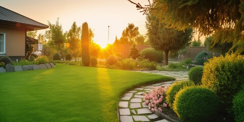 Wall Mural - Beautiful manicured lawn and flowerbed with deciduous shrubs on private plot and track to house against backlit bright warm sunset evening light on background. Soft focusing in, Generative AI