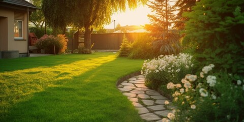 Wall Mural - Beautiful manicured lawn and flowerbed with deciduous shrubs on private plot and track to house against backlit bright warm sunset evening light on background. Soft focusing in, Generative AI