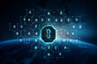 © Starmarpro - Global net security and blockchain network concept with digital blue padlocks in hexagonal grid on dark background with coding numbers and world map. High quality photo