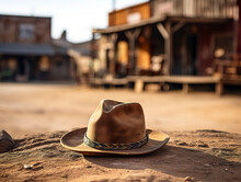 Hat In Focus Of A Cowboy In An Old West Town. Hat Dropped In Wild West Town. Scene In Wild West Town.