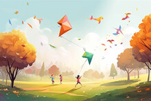 Children Playing With Kite In The Autumn Park. Vector Illustration.