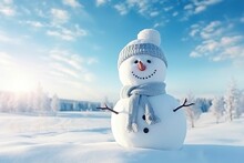 Panoramic View Of Happy Snowman In Winter Landscape With Copy Space, Winter Sale Background, Christmas Card Cover
