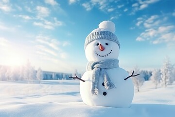 Panoramic view of happy snowman in winter landscape with copy space, winter sale background, christmas card cover