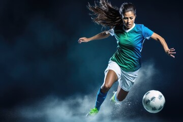 A female soccer player kicking the ball.