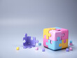 Multicolored puzzle in the form of a cube in a broken state on a blue background. 3D illustration