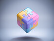 Multicolored puzzle in the form of a cube on a blue background. 3D illustration
