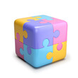 Multicolored puzzle in the form of a cube on a white background. 3D illustration