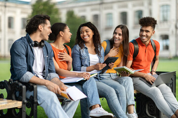 Wall Mural - Group Of Multiethnic Students Chatting And Laughing While Sitting Together Outdoors