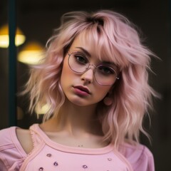 Girl wearing pink glasses. Generative AI