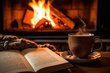 A cup and a book by the fireplace winter concept, winter theme wallpaper, winter theme material with blank space, winter sale background