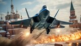 Fototapeta Big Ben - F 35 futuristic fighter jet bombing russia Moscow. Collage illustration world war