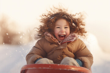 little girl riding on snow slides illustration. High quality photo