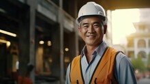Middle Aged Asian Man Construction Worker At A Building Site