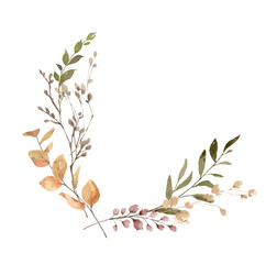 Wall Mural - watercolor vector wreath with dry autumn twigs and leaves.