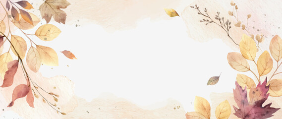 Wall Mural - autumn vector background with watercolor leaves, branches and texture.