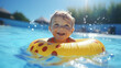 Cute funny toddler having fun on inflatable toy ring floating in pool during summer vacation. Generative AI